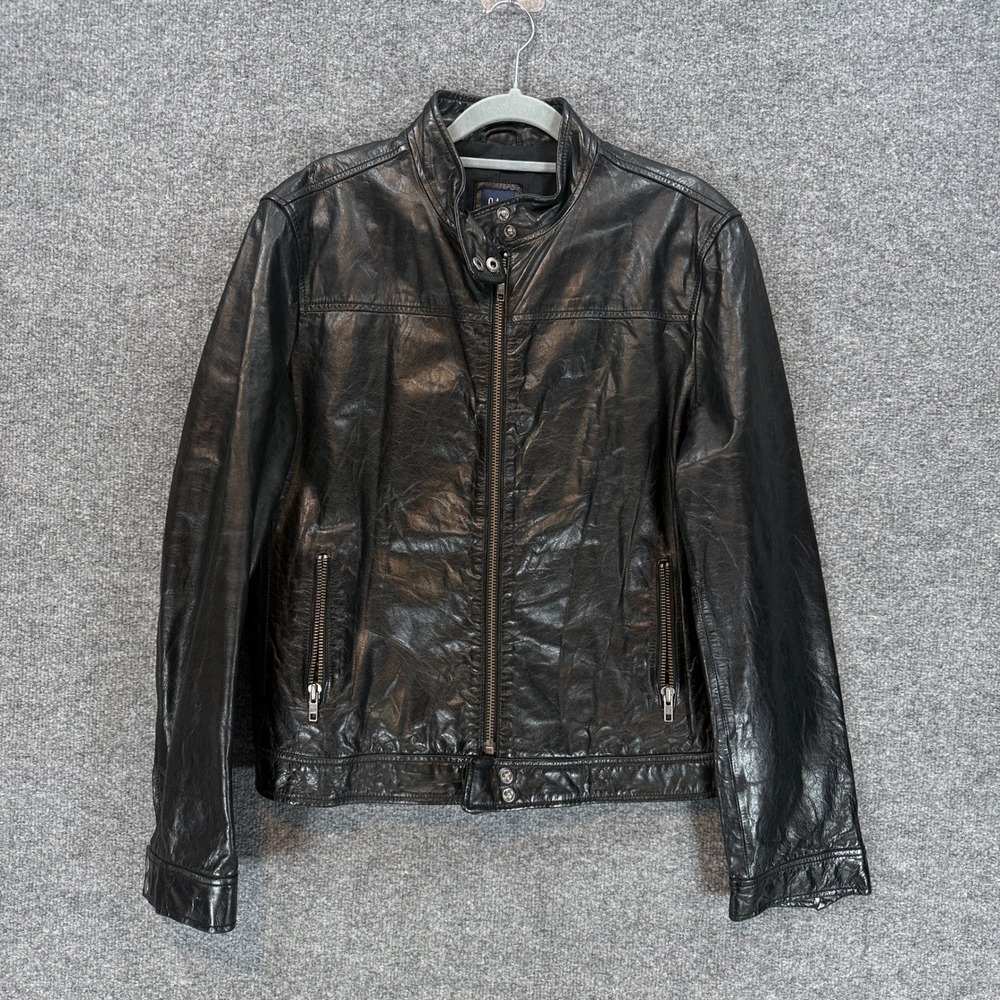 Vintage Y2K GAP Cow Leather Jacket Womens XL Full Zip Moto Black Quilted